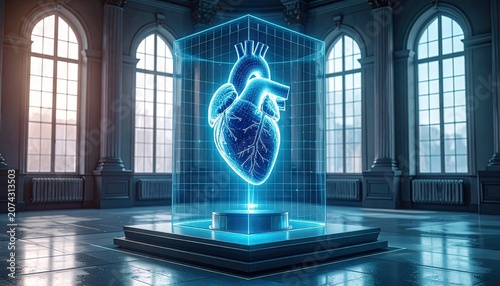 Digitally enhanced human heart displayed in futuristic interior design