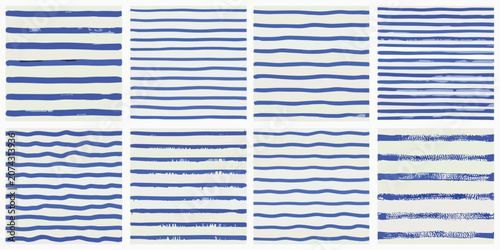Obraz na płótnie Eight variations of blue and cream horizontal stripes with textured edges
