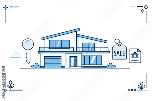Modern house illustration with sale tag, key icon, and home sign, representing residential property listing, real estate purchase, and new home ownership
