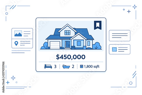 Modern real estate listing interface featuring a suburban house illustration with price, bedroom and bathroom icons, and square footage details