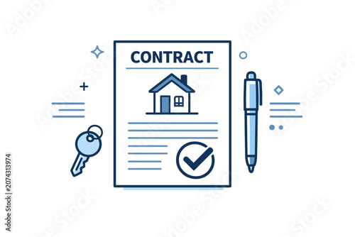 Real estate contract document with house icon, keys and pen, representing home purchase agreement, property sale paperwork, and signed approval
