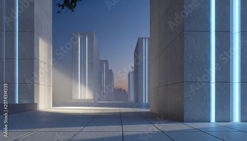 Modern architectural exterior with illuminated structures in a futuristic setting