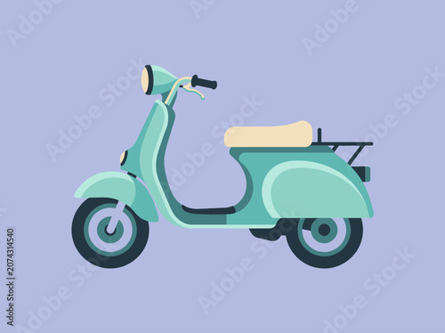 A vintage mint green motor scooter on a purple background