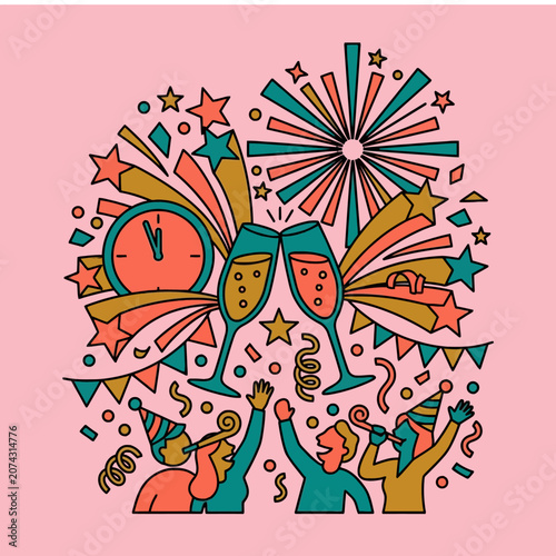 Canvas Print Stylized illustration of people celebrating New Year Eve