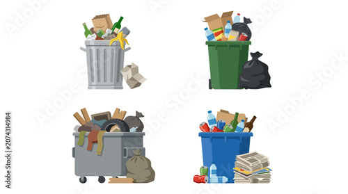 Fotografie Set of various overflowing trash cans and recycling bins