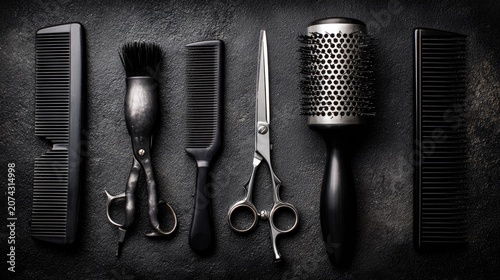 Professional black hair salon tools on dark background.