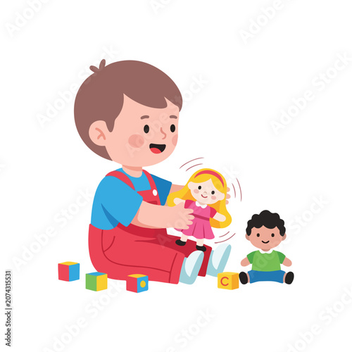 Fotografía A cute little boy with brown hair in red overalls plays happily with a blonde girl doll, a dark-haired boy doll, and colorful toy blocks