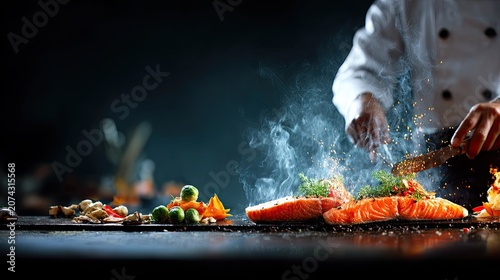 Professional chef seasoning salmon with herbs in moody kitchen.