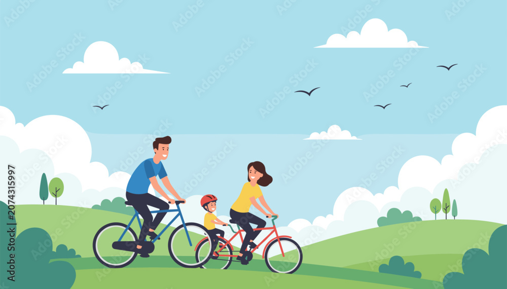 Fototapeta premium Happy family with a father, mother, and small child riding bicycles together on a trail through a green park.