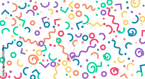 Bilde på lerret Scattered colorful confetti shapes and squiggles adorn transparent checkered background