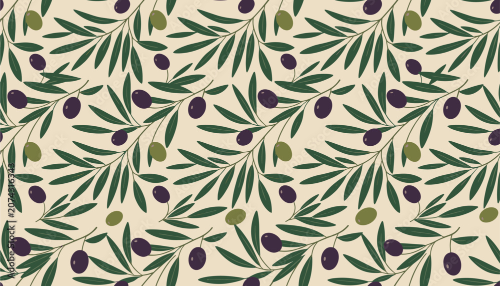 Fototapeta premium Elegant seamless background pattern of olive branches with green and black olives on a light cream-colored backdrop.