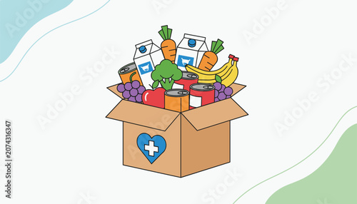 Cardboard box filled with grocery items like milk, carrots, grapes, broccoli, and bananas for a food donation charity.