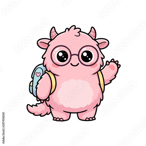cute pink monster wearing round glasses and tiny backpack, waving hand.
