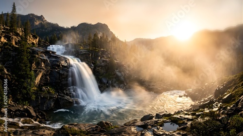 Scenic waterfall flowing over mountain rocks at sunset with golden light