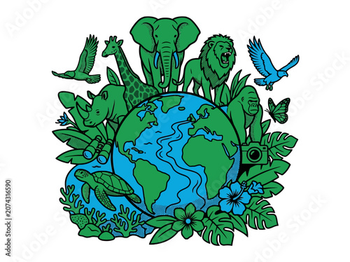 Photography Green and blue illustration of wild animals surrounding planet Earth