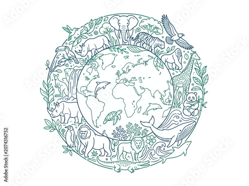 Photography Green line art illustration of Earth surrounded by wild animals