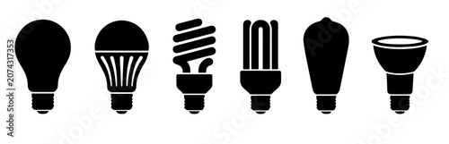 Light bulb icon vector set with classic, LED, CFL, and spotlight lamp designs.