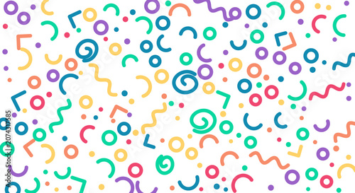 seamless pattern of colorful abstract shapes on transparent grid background.