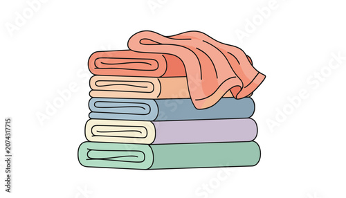 Stack of folded clean cotton towels in soft pastel colors, with one loosely draped over the top on a white background.