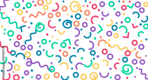 Brightly colored party confetti and decorative elements scattered across a transparent checkered background.
