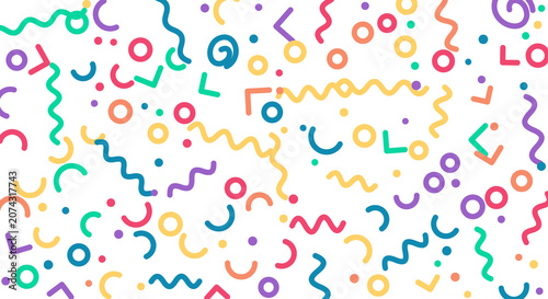 Abstract pattern of colorful confetti, streamers, and geometric shapes on a transparent grid backdrop.