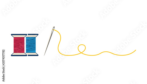 Red and blue sewing thread spools next to a needle with a long, wavy yellow thread on a plain white background.