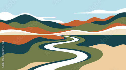 Sinuous River Flowing Through Stylized Curving Channel.