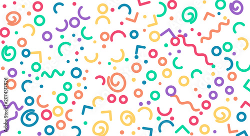 Colorful confetti and party shapes on transparent background, festive celebration pattern.