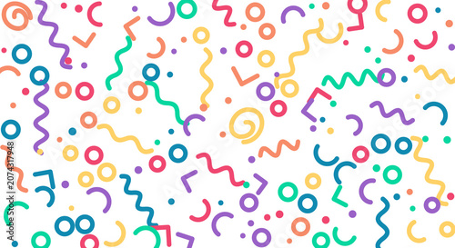 Abstract colorful confetti and geometric shapes on transparent background, festive celebration elements.