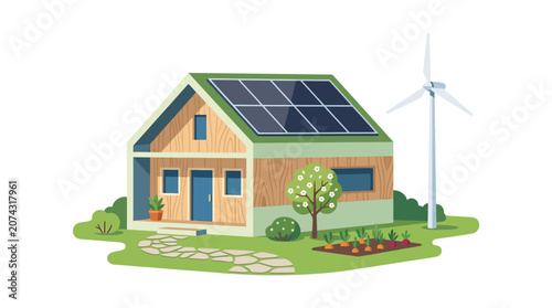 Cuadro en lienzo Eco-friendly house with solar panels and wind turbine, sustainable living concep