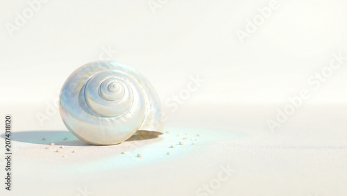 Shimmering Iridescent Spiral Seashell on Beige Sand Serenity Tranquility Perfect for Summer Advertising Wellness Spa Greeting Card Brochure