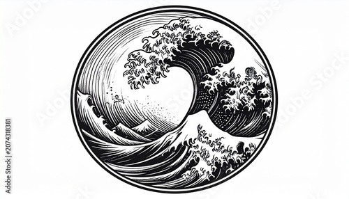 A powerful wave crashes against the rocky shoreline in a circular illustration.