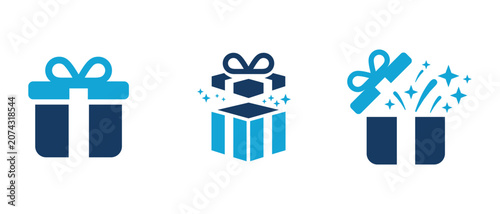 Gift box icon collection featuring wrapped present symbols, surprise package illustrations and celebration reward elements for holiday, birthday and promotional design