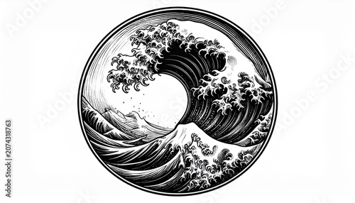 A powerful wave crashes over a circular boundary with trees and mountains in a scenic landscape illustration