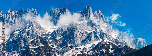 Alpine spring view at Wochenbrunner Alm, Mount Wilder Kaiser, Ellmau, Kufstein, Tyrol, Austria