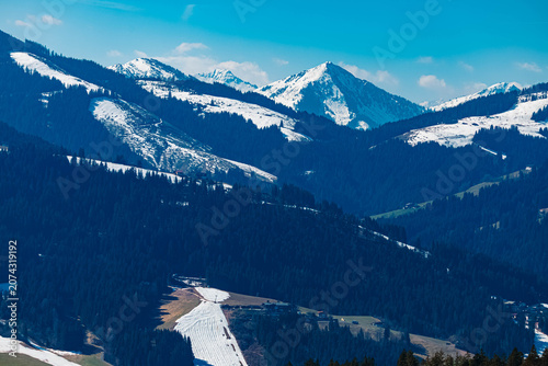 Alpine spring view at Wochenbrunner Alm, Mount Wilder Kaiser, Ellmau, Kufstein, Tyrol, Austria