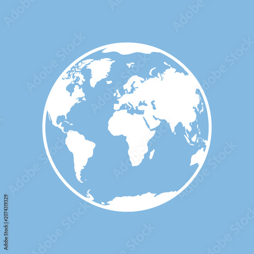 A white world map icon on a light blue background