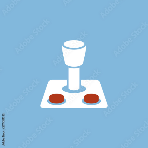 A retro gaming joystick icon with red buttons on blue background