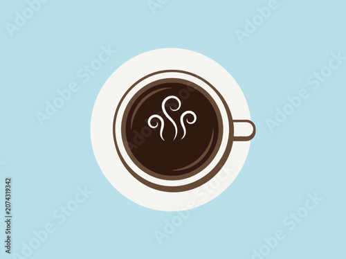 A top view illustration of a steaming cup of black coffee