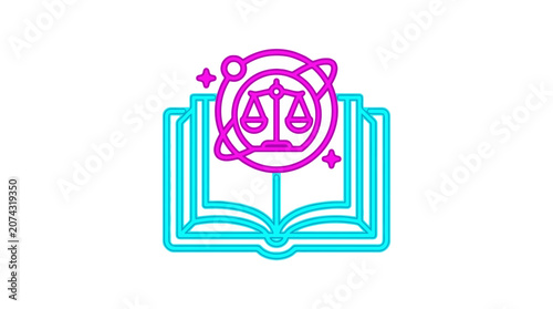 Neon law book icon with scales of justice symbol