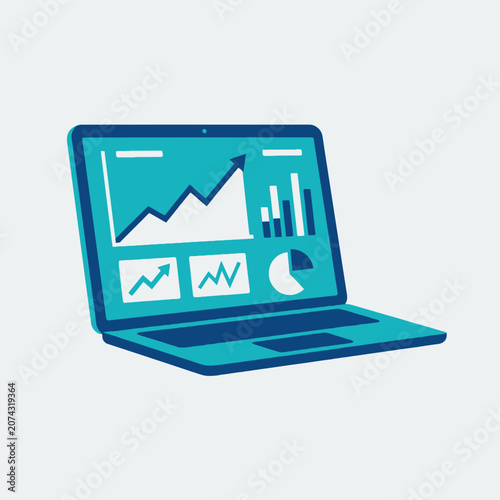 Laptop displaying business data charts and financial graphs