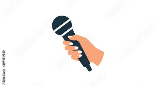 A hand holds a black microphone against a white background