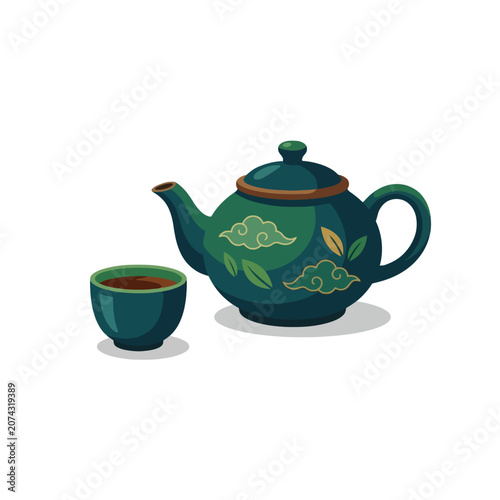 A green ceramic teapot and cup set with cloud patterns