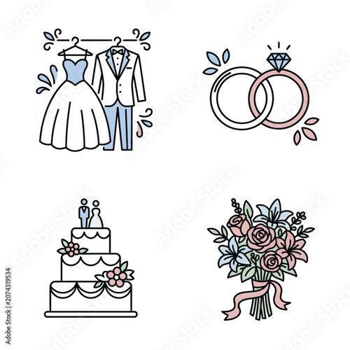 Set of four hand-drawn wedding icons on a white background