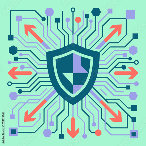 A digital shield icon represents cybersecurity on a circuit board