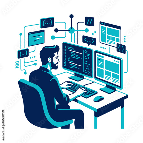 A software developer works on complex code at his desk