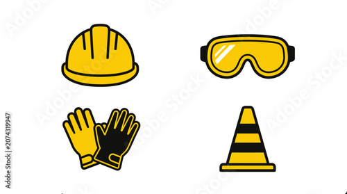 Foto Set of yellow construction safety equipment icons on white background