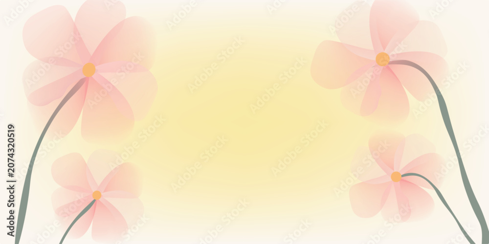 Obraz premium A soft and elegant floral background with translucent pink flowers and yellow centers, framed on a warm gradient. Perfect for web banners, social media headers, and decorative invitations.