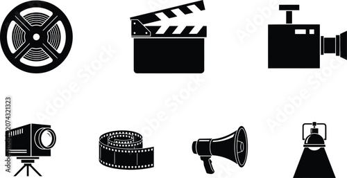 Collection of film and movie production icons and equipment tools