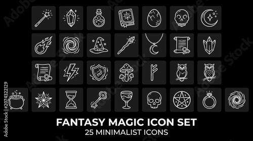 A collection of minimalist fantasy magic icons featuring various symbols and objects on a dark background for design purposes.